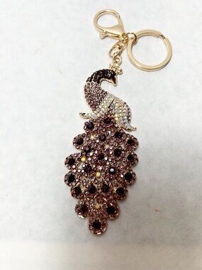Gold-Tone Peacock Keychain Charm with Purple and Red Rhinestones NEW